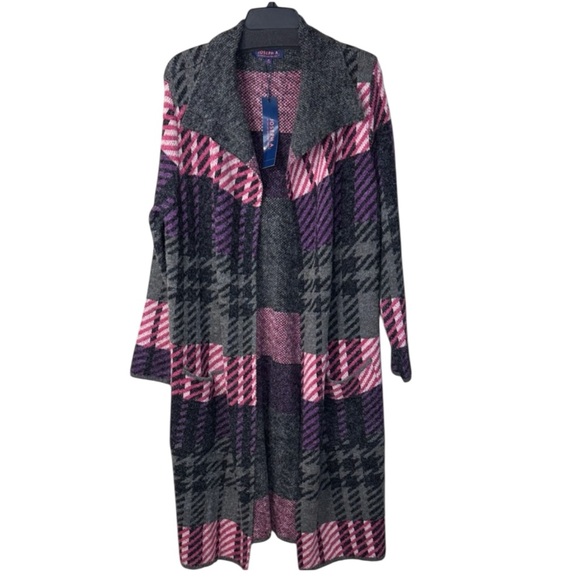 Joseph A Cardigan Pink/Purple/Gray Plaid Duster Length Open Front in Size M  NWT - Picture 2 of 12
